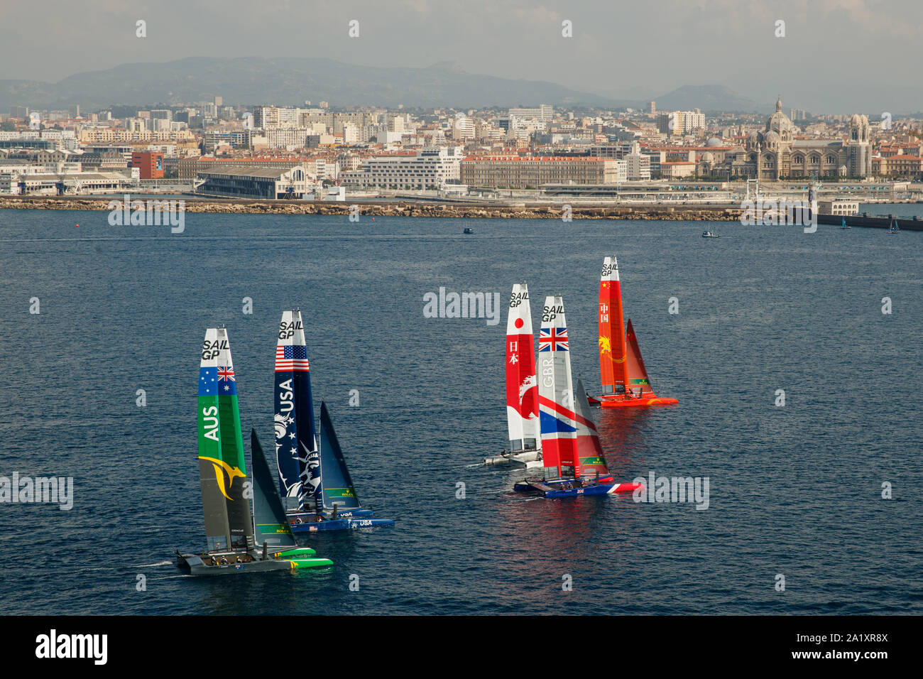 The fleet sail during a practice race ahead of the final SailGP event