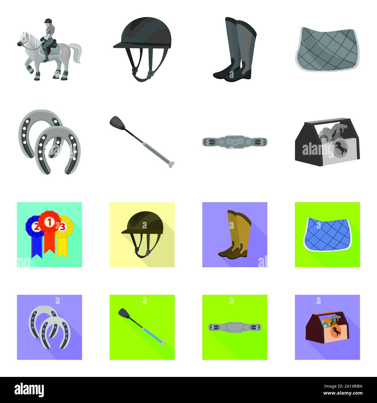Vector illustration of equipment and riding icon. Set of equipment and