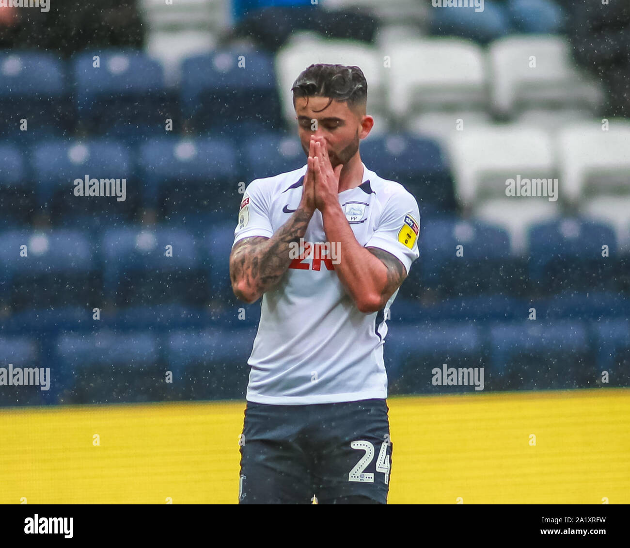 28th September 2019, Deepdale, Preston, England; Sky Bet Championship, Preston North End v Bristol City : Sean Maguire (24) of Preston North End dissappointed after his miss Credit: Craig Milner/News Images Stock Photo