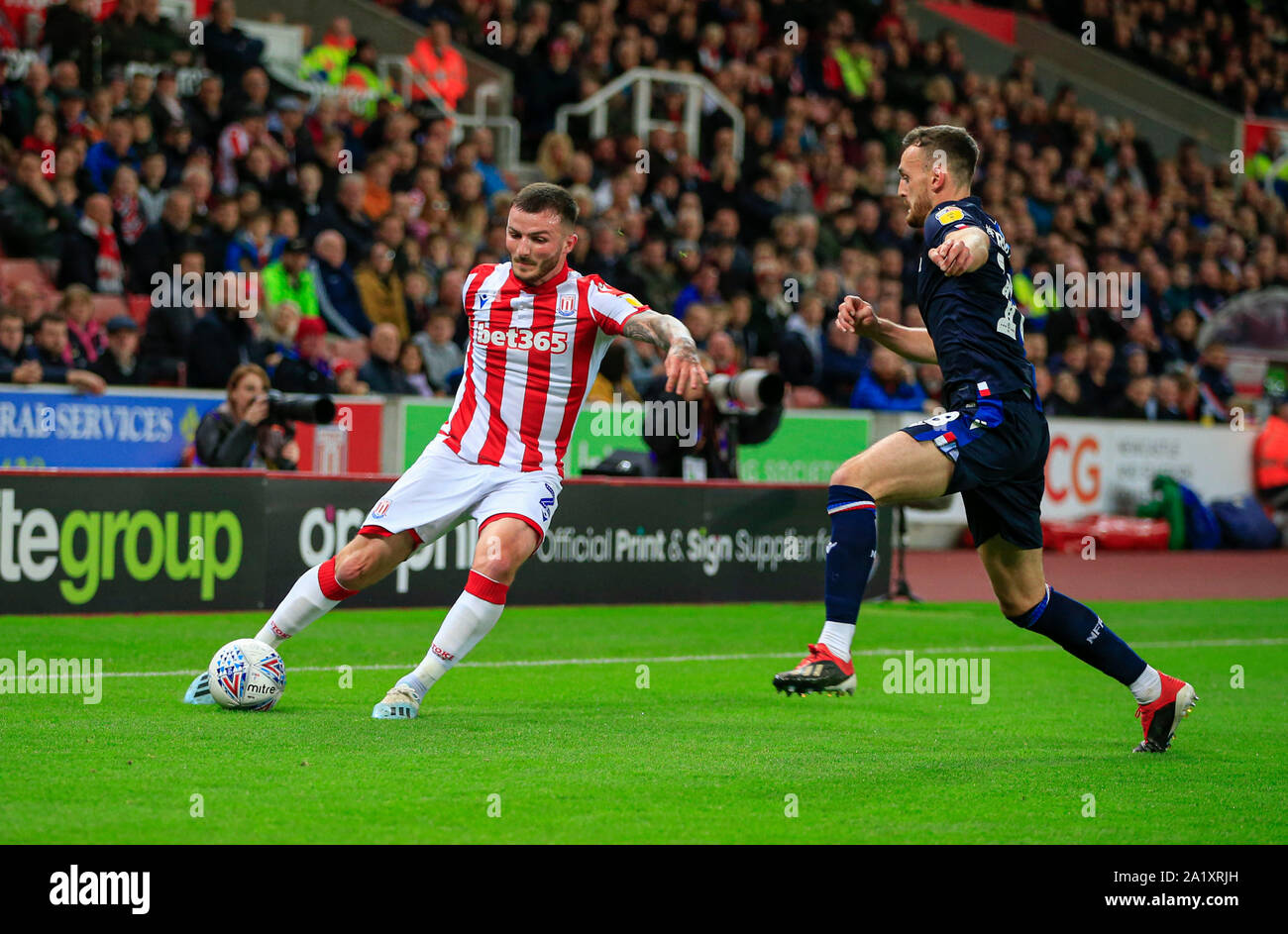 27th September 2019, Bet365 Stadium, Stoke-on-Trent, England; Sky Bet Championship, Stoke City v Nottingham Forest : Tom Edwards (02) of Stoke City tries to cross the ball Credit: Conor Molloy/News Images Stock Photo