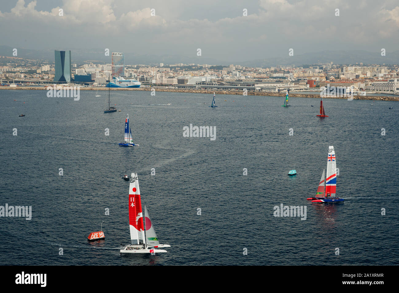 The Japan SailGP and Great Britain SailGP Team F50 catamarans sail