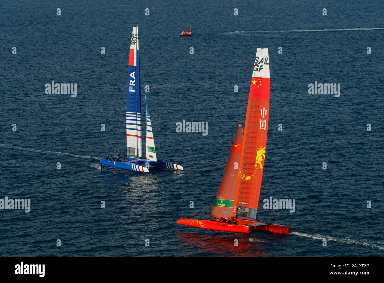The China SailGP and France SailGP Team F50 catamarans sail during a practice race ahead of the final SailGP event of Season 1 in Marseille, France. 1 Stock Photo