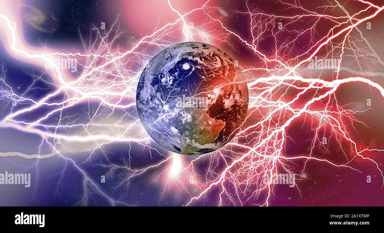 Lightning strikes on Earth, fire and ice, North and South magnetic poles  storms space background. Planet texture for 3d Render furnished by NASA Stock Photo