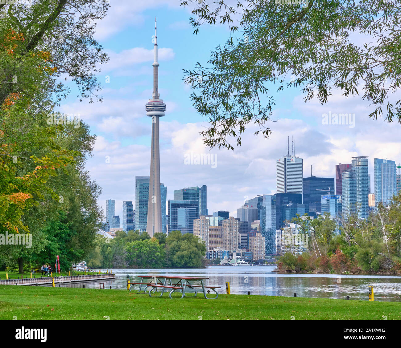 View of Downtown Toronto City centre as seen from a picnic area on Hanlans Point on the Toronto Islands. Stock Photo