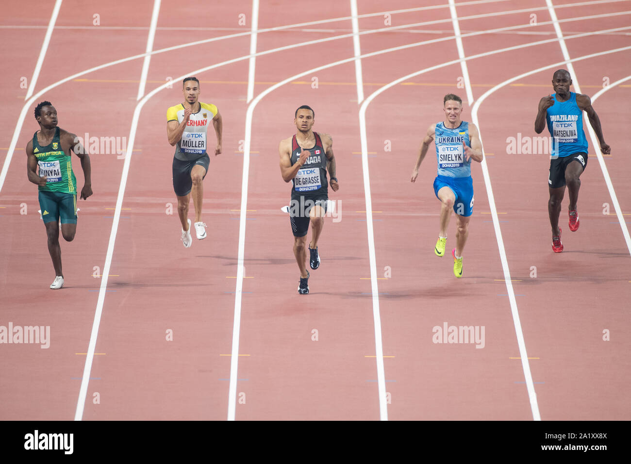 Doha, Qatar. 29th Sep, 2019. Athletics, World Championships, World  Championships at Khalifa International Stadium: 200 meters, men, lead.  Clarence Hunyai from South Africa, Steven Müller from Germany, Andre De  Grasse from Canada,