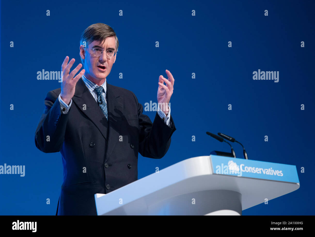 Manchester, UK. 29th September 2019. Jacob Rees-Mogg, Leader of the House of Commons, Lord President of the Council and MP for North East Somerset speaks at day one of the Conservative Party Conference in Manchester. © Russell Hart/Alamy Live News. Stock Photo