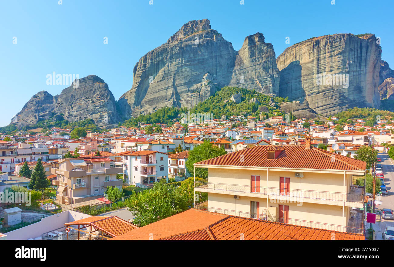 Panoramic view of Meteora rocks and roofs of Kalabaka town, Thessaly, Greece. Greek landscape - cityscape Stock Photo