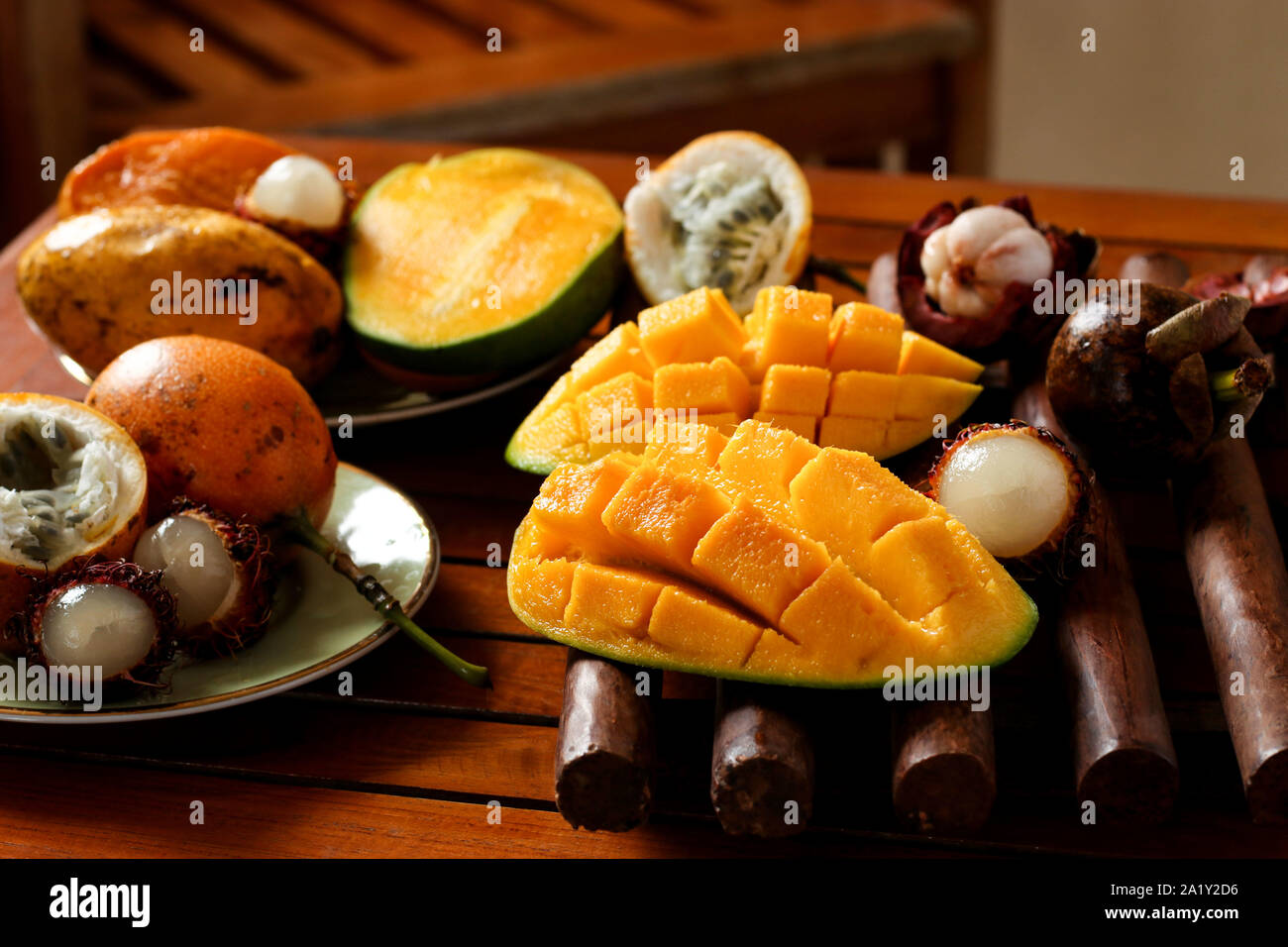 Tropical fruits passion fruit, rambutan, mangosteen and mangoes are