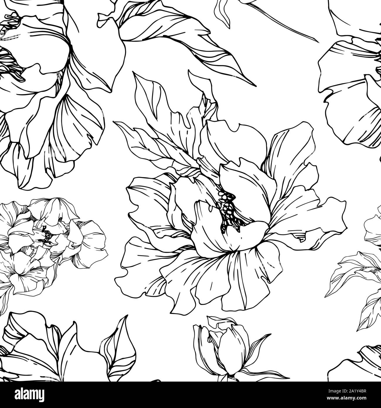 Vector Peony floral botanical flowers. Wild spring leaf wildflower isolated. Black and white engraved ink art. Seamless background pattern. Fabric wal Stock Vector