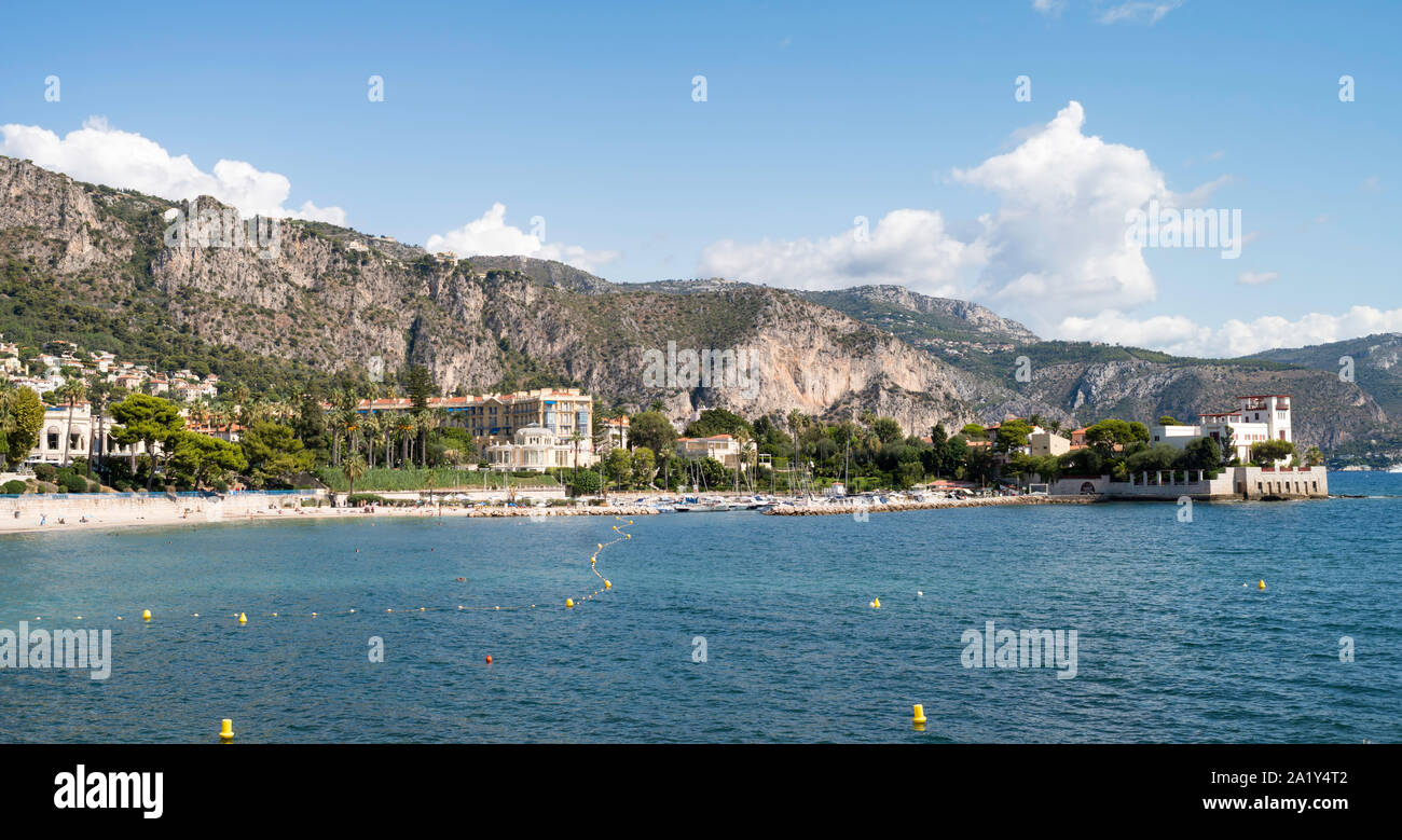 Panoramic view of Beaulieu Sur Mer and the hills above the town, France, Europe Stock Photo