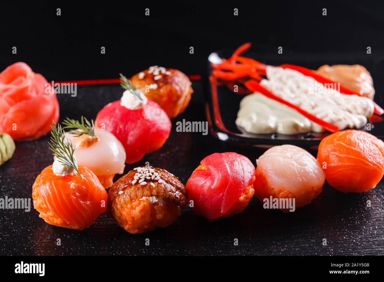 Japanese food, tasty of meal for lunch. Seafood. Sushi with eel, salmon