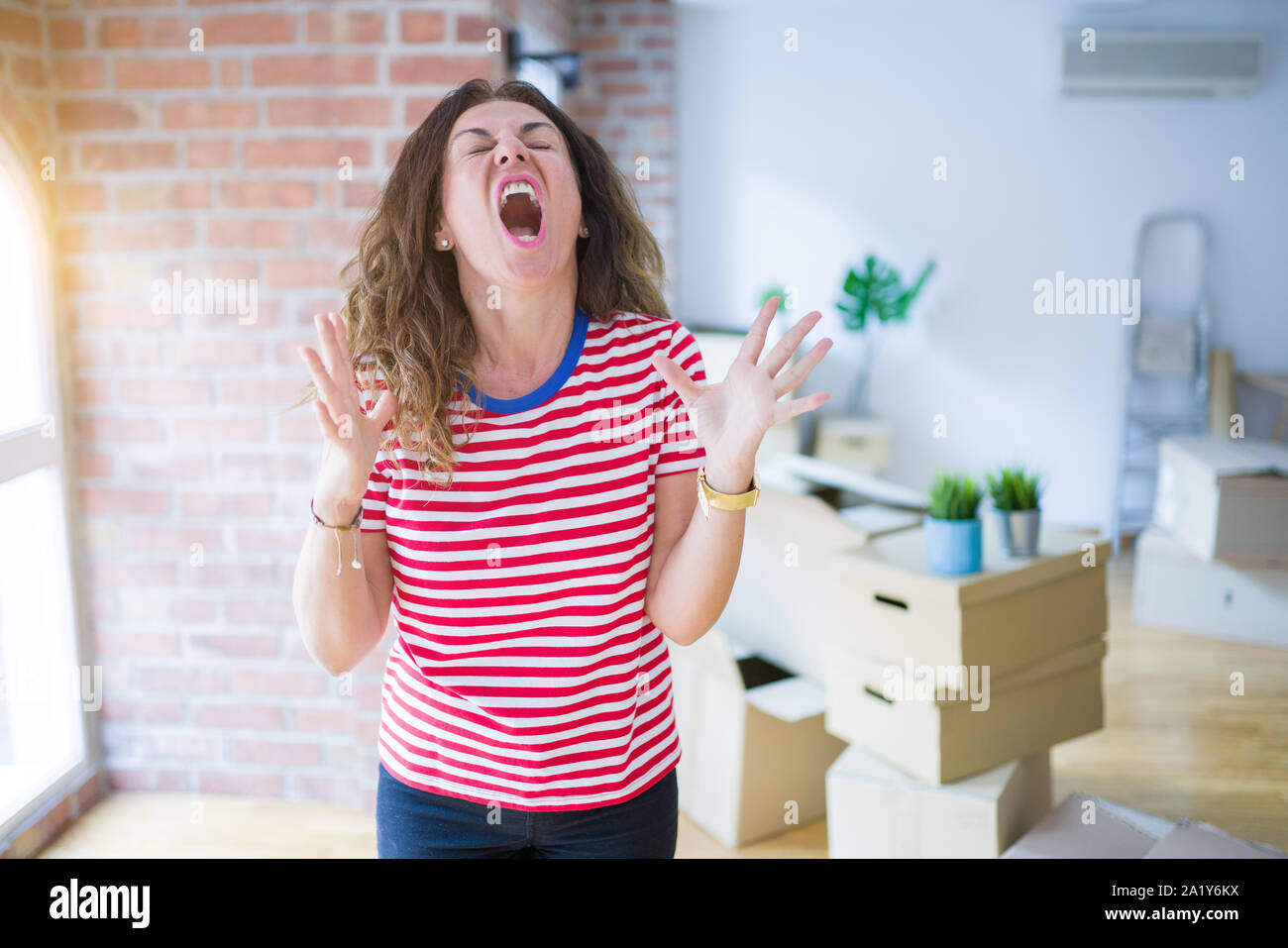 Middle age senior woman moving to a new house packing cardboard boxes crazy  and mad shouting and yelling with aggressive expression and arms raised. F  Stock Photo - Alamy