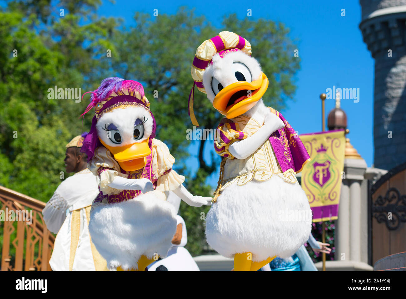 Daisy Duck and Donald Duck at Cinderella Castle, Magic Kingdom, Disney World, Orlando, Florida Stock Photo