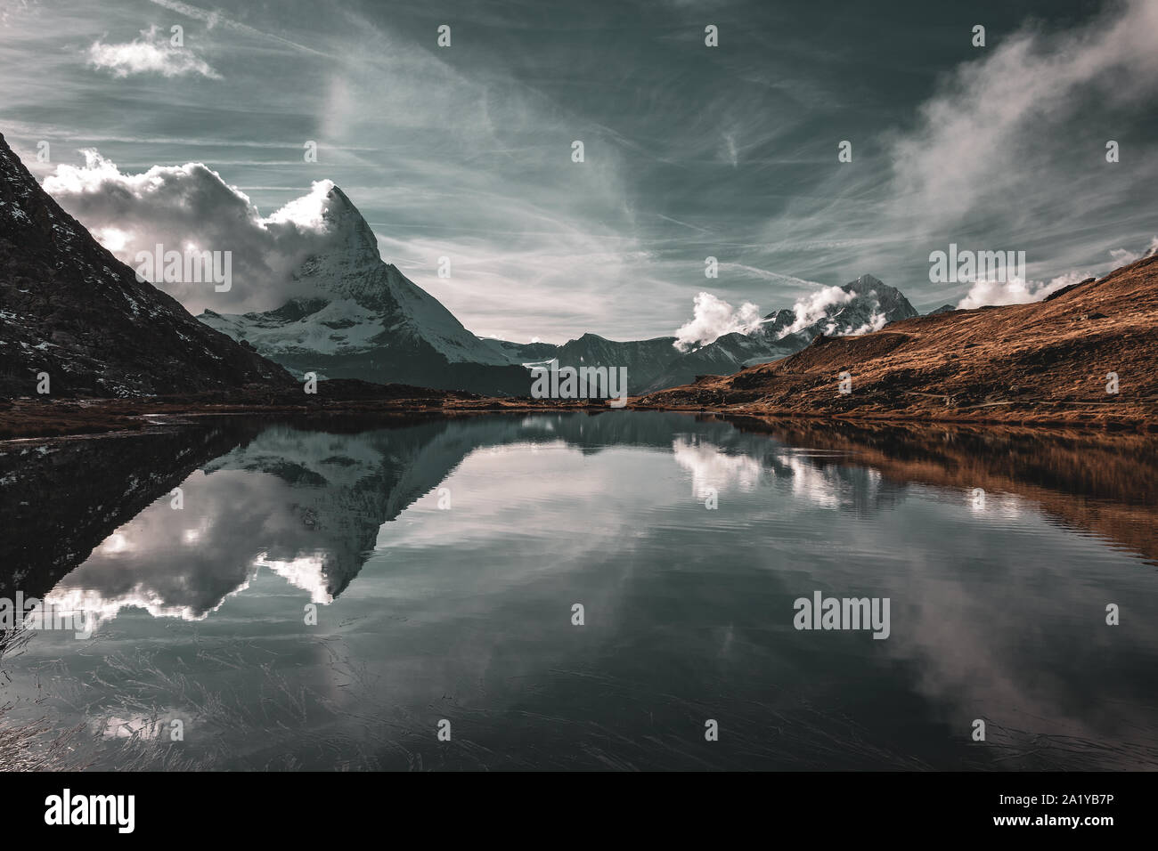 Reflection of Matterhorn in the Riffel lake Stock Photo