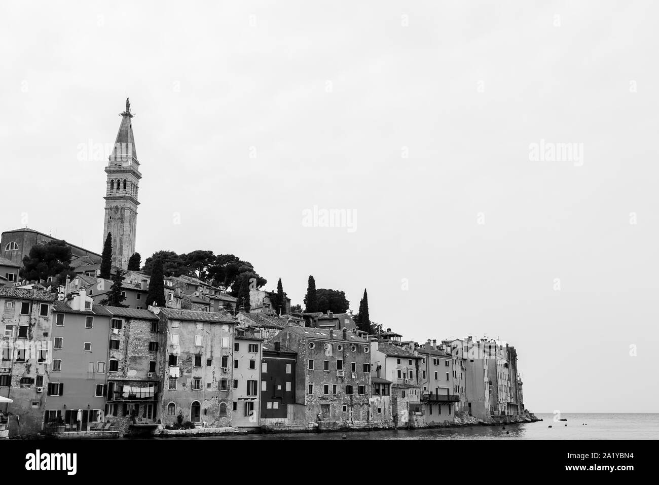 The old town of Rovinj on a hilly peninsula, surrounded by the Adriatic Sea in Croatia. Stock Photo