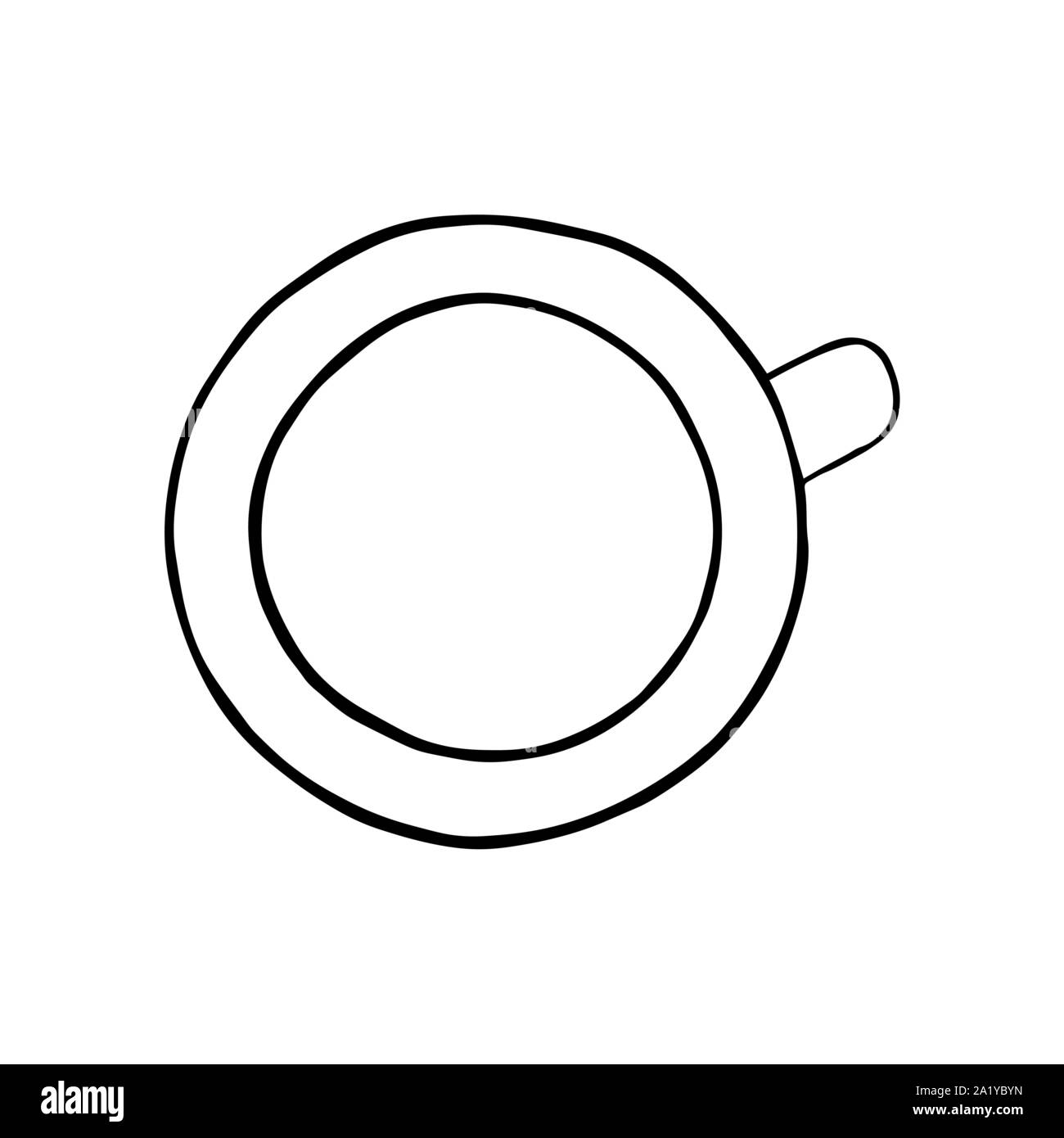 Coffee or thee cup, top view. Hand drawing sketch. Black outline on