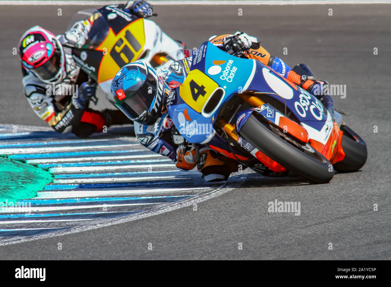 Moto2 riders, Hector Garzo # 4, Alessandro Zaccone # 61 on race Stock Photo