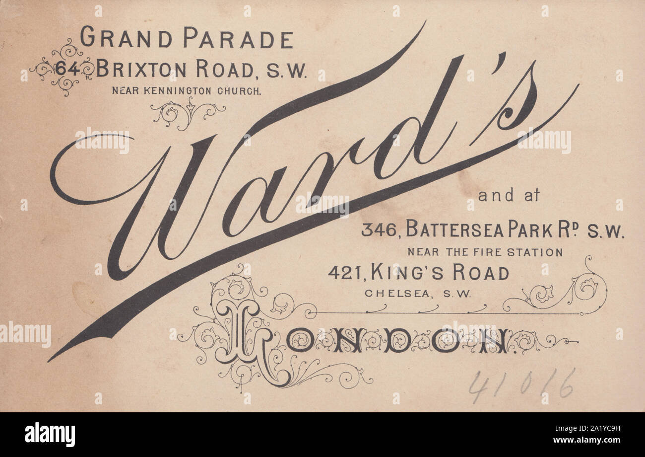 Victorian Advertising Cabinet Card Showing The Illustration and Calligraphy From Photographer Ward's at Grand Parade, 64 Brixton Road, London. Also 346 Battersea Park Road, London and 421 King's Road, Chelsea, London, England Stock Photo