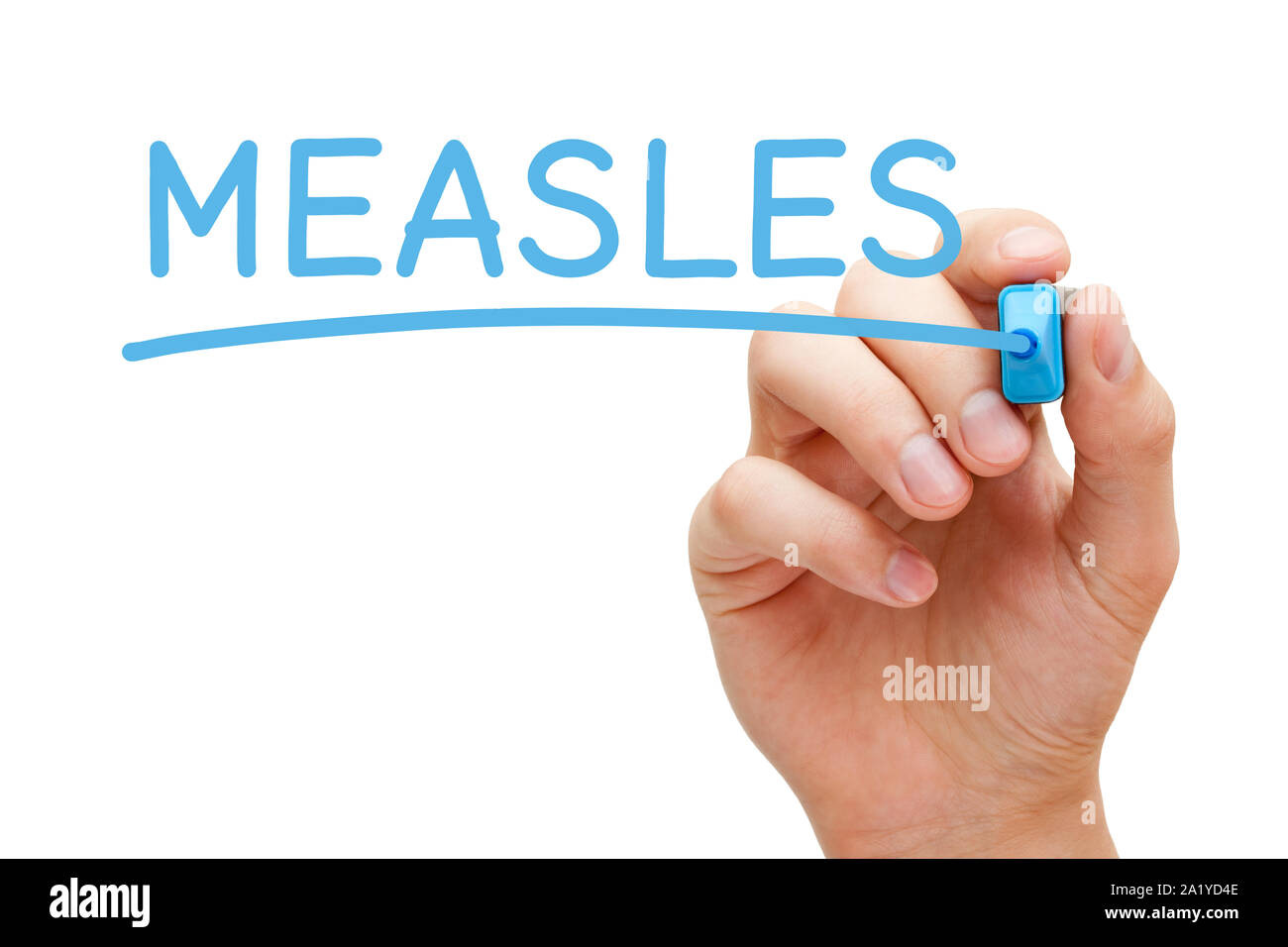 Hand writing the word Measles with blue marker on transparent wipe board isolated on white. Stock Photo