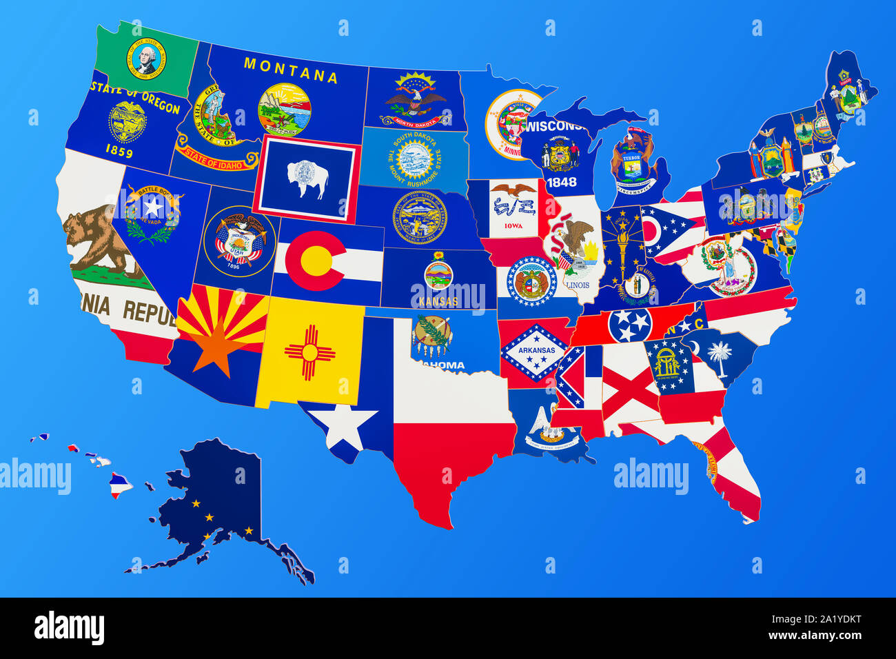United States Of America Map With State Flags 3d Rendering Isolated On