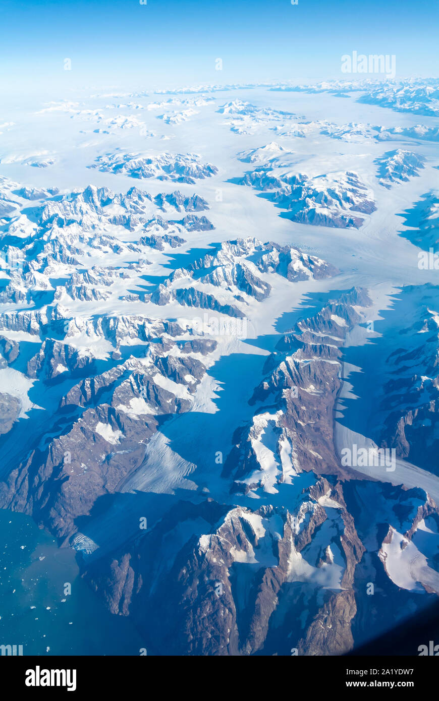 Aerial landscape of Greenland with glacier and snow, Greenland, united