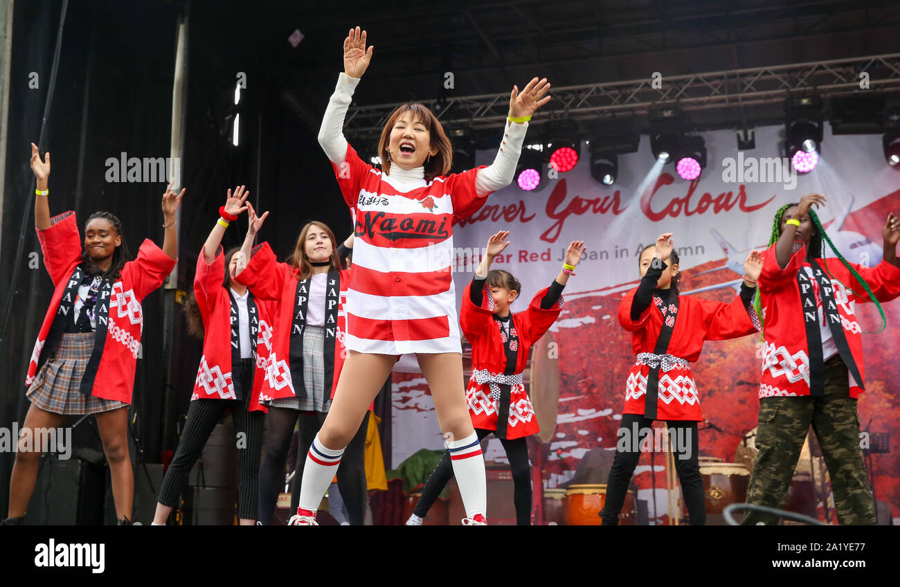 Trafalgar Square, London, UK 29 Sept 2019 - Performers perform during the annual Japan Matsuri festival of Japanese music, food and culture in Trafalgar Square, London. The concept of the theme this year is “Future generations”.  Credit: Dinendra Haria/Alamy Live News Stock Photo