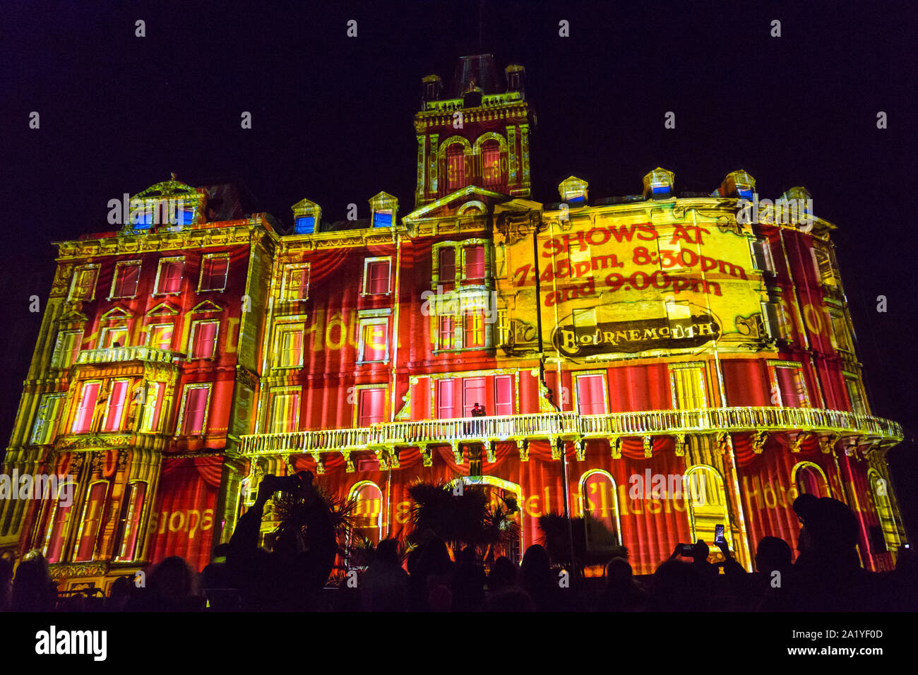 Bournemouth, Dorset UK. 29th September 2019. Bournemouth Arts by the Sea Festival event with this year's theme of Mind Matter. As the festival comes to a close, crowds turn out to see Hotel D'Illusions by Illuminos. The Town Hall building comes to life using projection mapping technology taking the audience back to the Victorian era featuring magic, science and hypnosis. Credit: Carolyn Jenkins/Alamy Live News Stock Photo