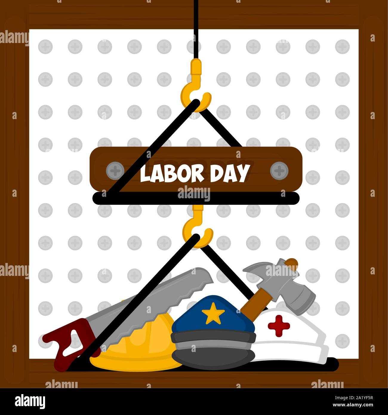 Labor day poster with a construction tools, nurse cap, police cap and ...