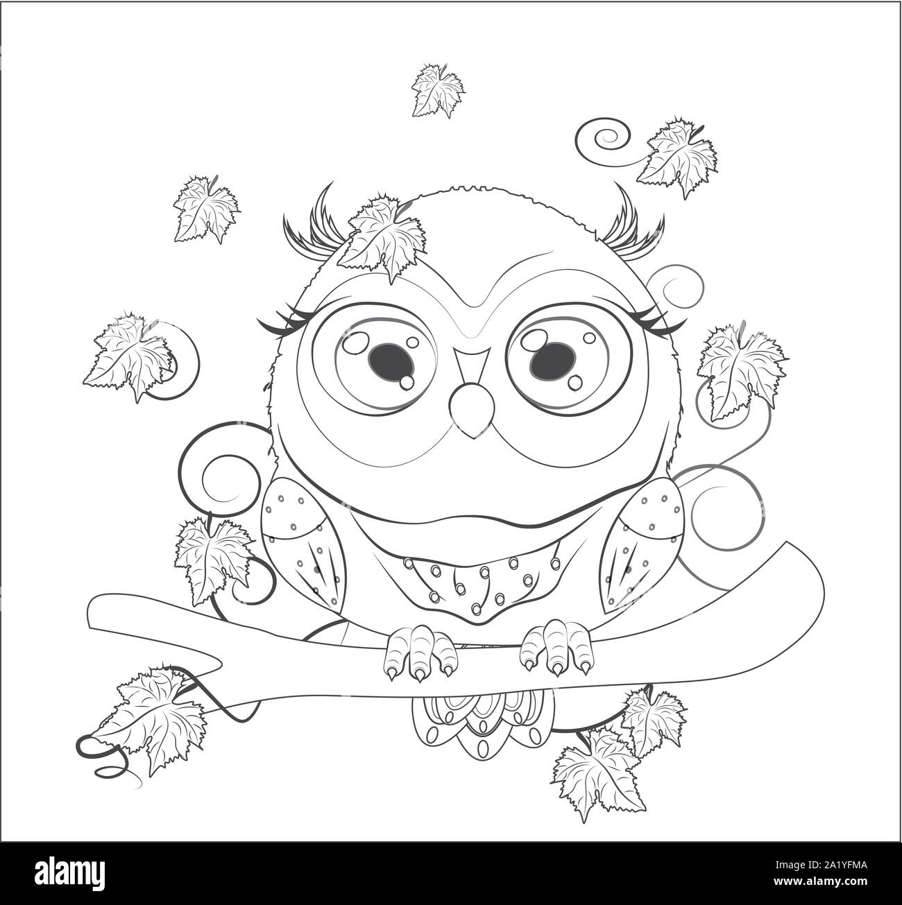 Coloring book, Autumn Owl with green eyes, on a branch, with umbrella. The picture in hand drawing cartoon style, can be used for t-shirt print, wear Stock Vector