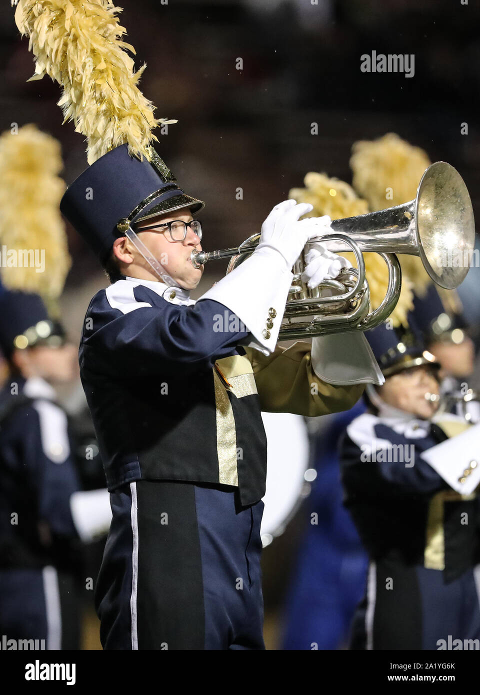 The Mead High School Marching Band performs at the half time of the Mead vs Mt. Spokane Battle