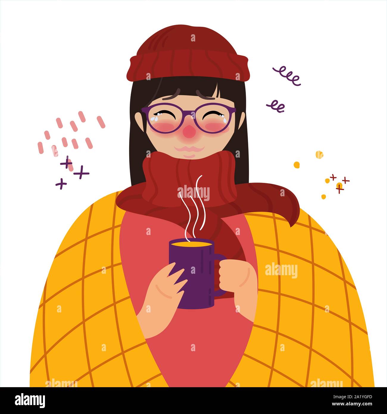 Young girl in red hat caught cold flu or virus. Stock Vector