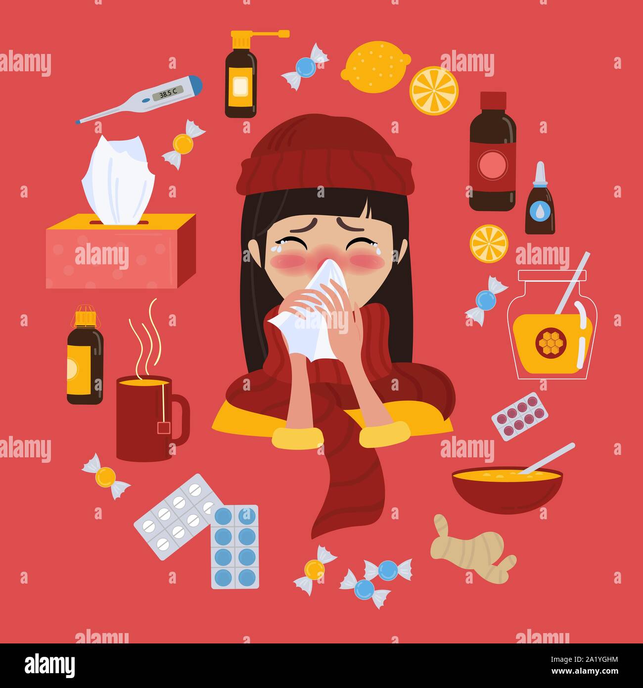 Young girl in red hat caught cold flu or virus. Stock Vector