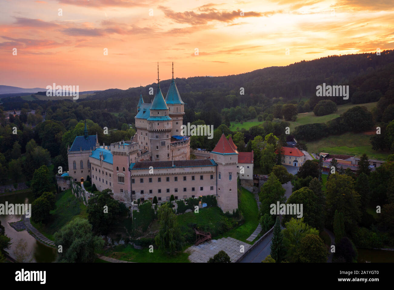 Castle Bojnice, central Europe, Slovakia. UNESCO. Sunset light. Stock Photo