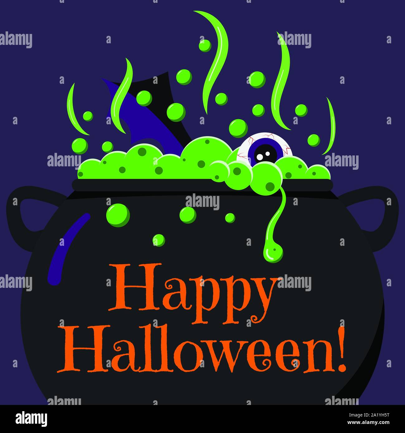 Cute cartoon Happy Halloween card with black witches cauldron with bubbling poison potion, eye, bat wing in fire. Stock Vector