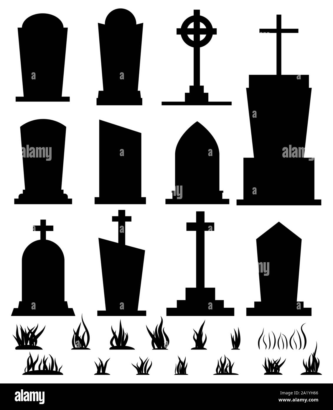 Black silhouette tombstone set for halloween holiday isolated on white backgroundvector flat cartoon style illustration. Stock Vector