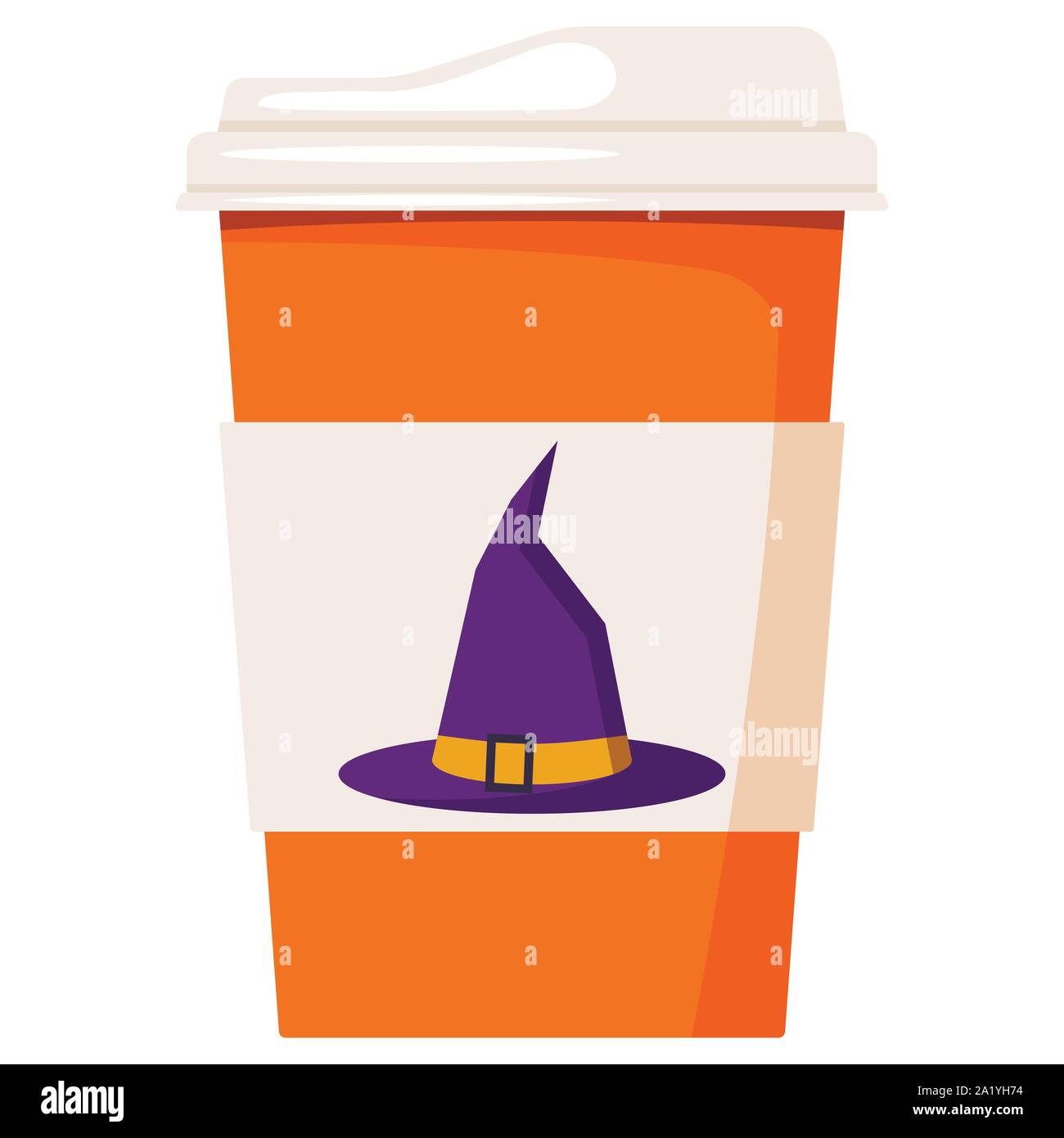 Vector flat paper coffee or tea cup decorated purple with orange buckle strap Halloween witch hat isolated on white Stock Vector