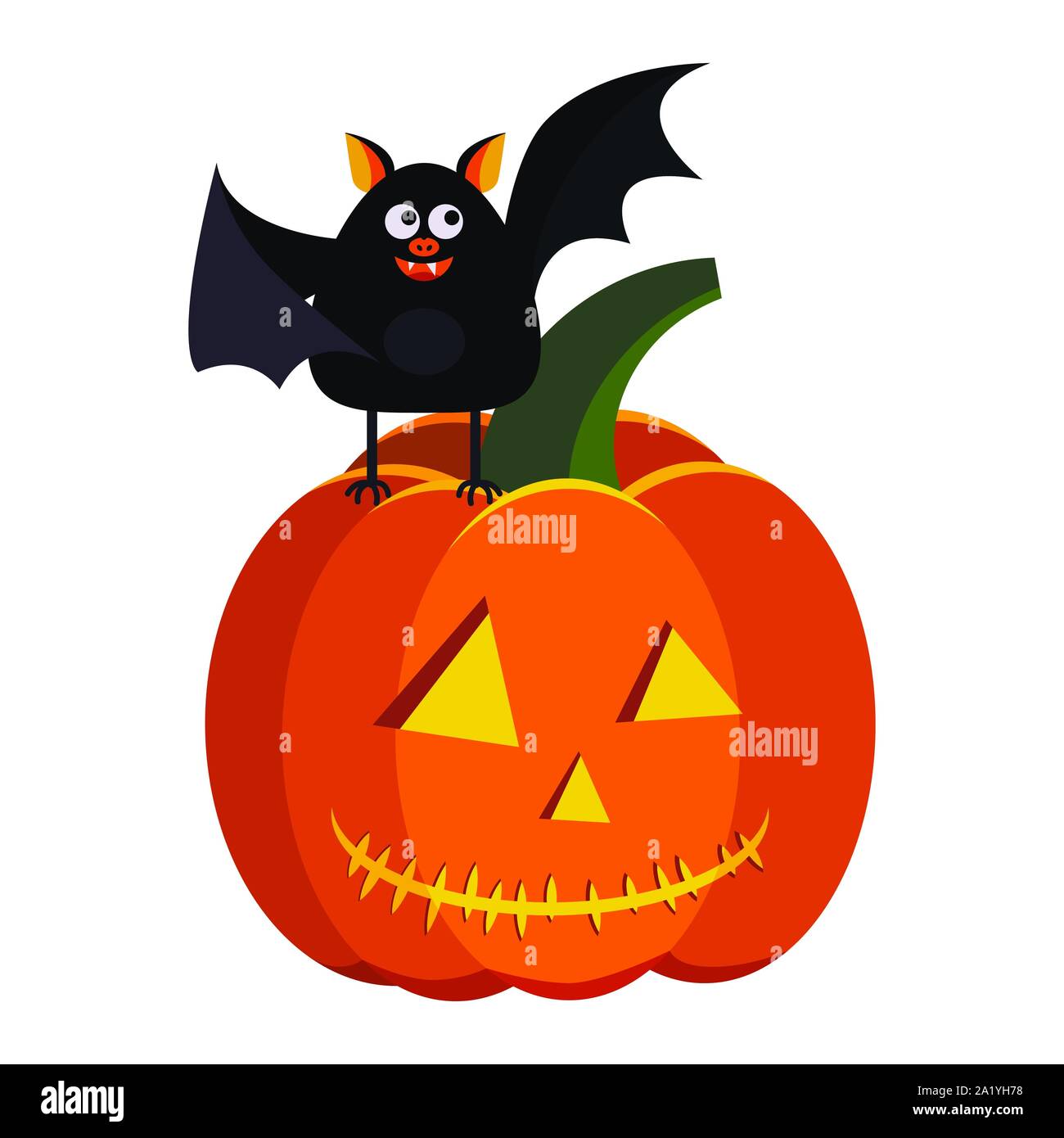 Vector flat cartoon style halloween design element - orange pumpkin jack lantern with light inside and cute black bat Stock Vector