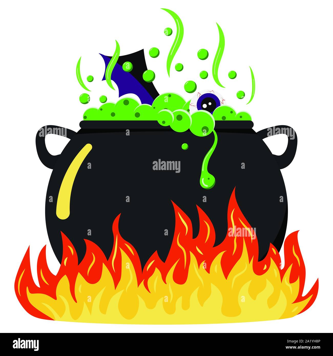 Flat vector illustration of black halloween design witches cauldron with bubbling poison potion, eye, bat wing in fire. Stock Vector