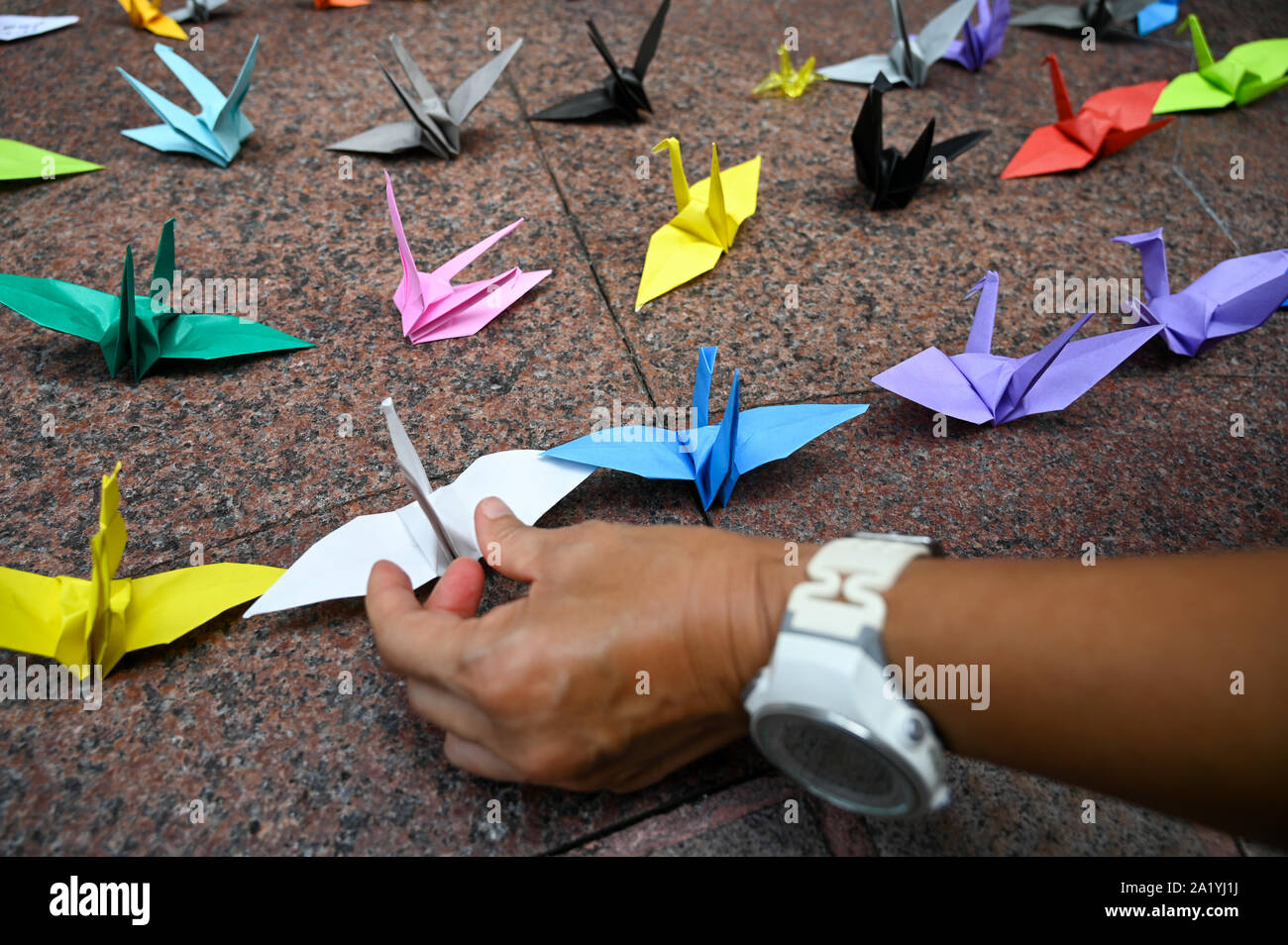 Hong Kong, Hong Kong Sar. 29th Sep, 2019. A protester places an origami bird in a public display of solidarity with the Hong Kong protest movement on September 29, 2019. Photo by Thomas Maresca/UPIPhoto by Thomas Maresca/UPI Credit: UPI/Alamy Live News Stock Photo