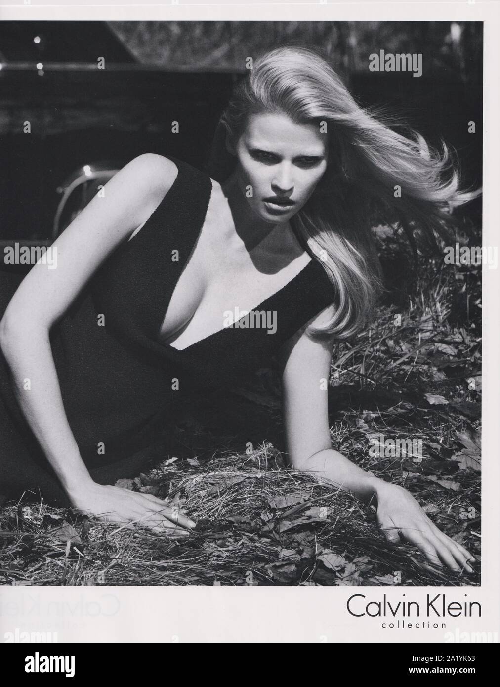 poster advertising Calvin Klein fashion house with Lara Stone in paper magazine from 2012 year, CK advertisement, creative Calvin Klein advert Stock Photo