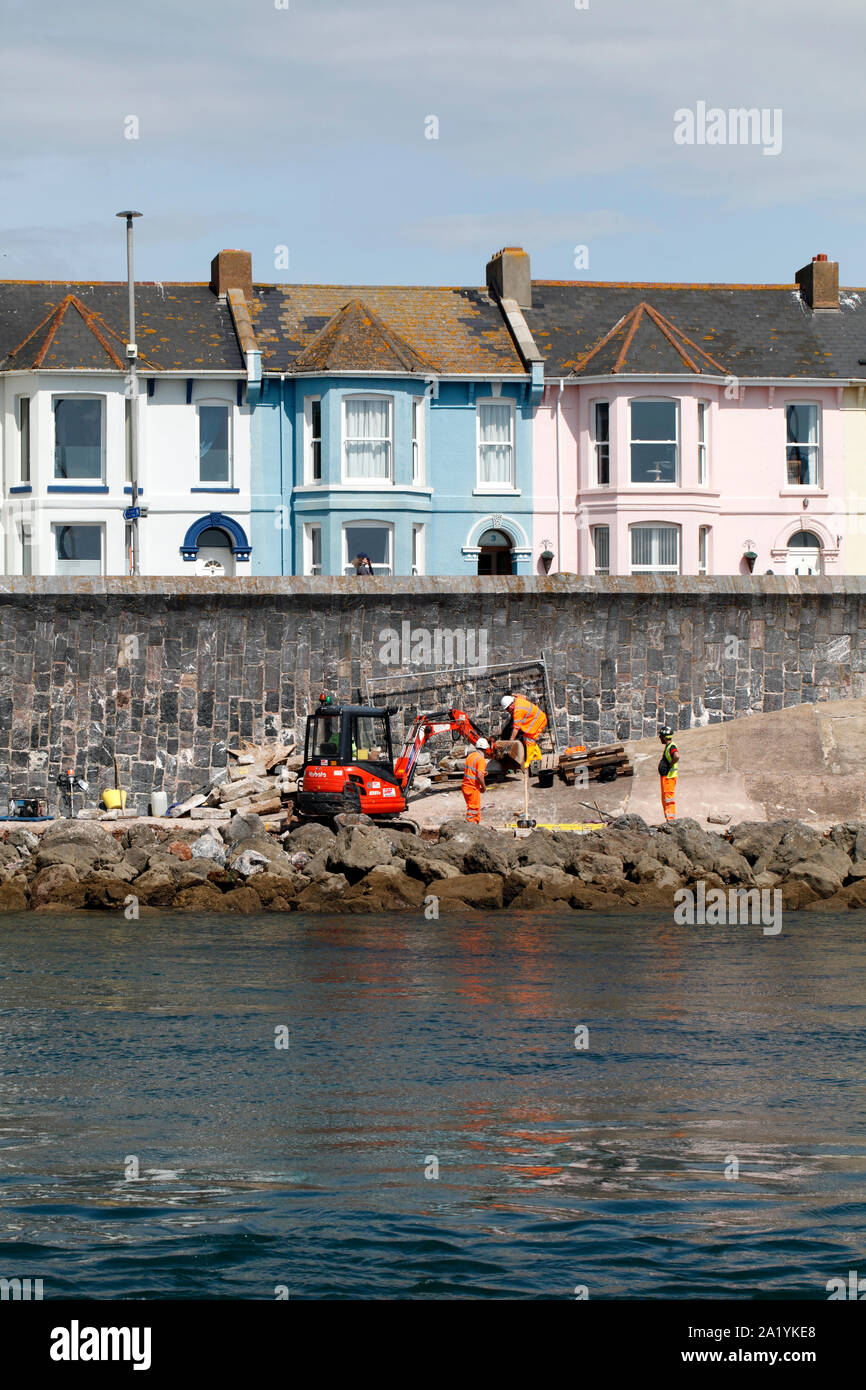 New coastal defences being completed at Exmouth harbour and seafront. 2019. Seawall. Stock Photo
