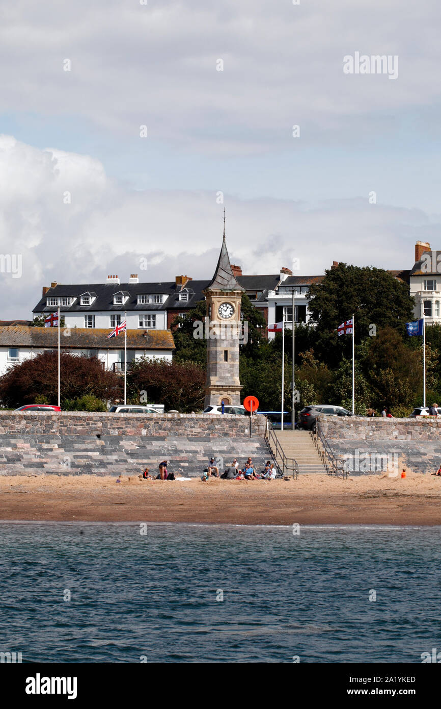 New coastal defences being completed at Exmouth harbour and seafront. 2019. Seawall. Stock Photo