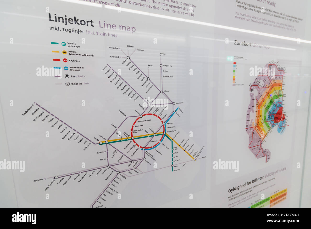 Copenhagen, Zealand Denmark - 29 9 2019: Metro lines map in Kongens Nytorv Station M3 M4 Cityringen metro line in Copenhagen Stock Photo