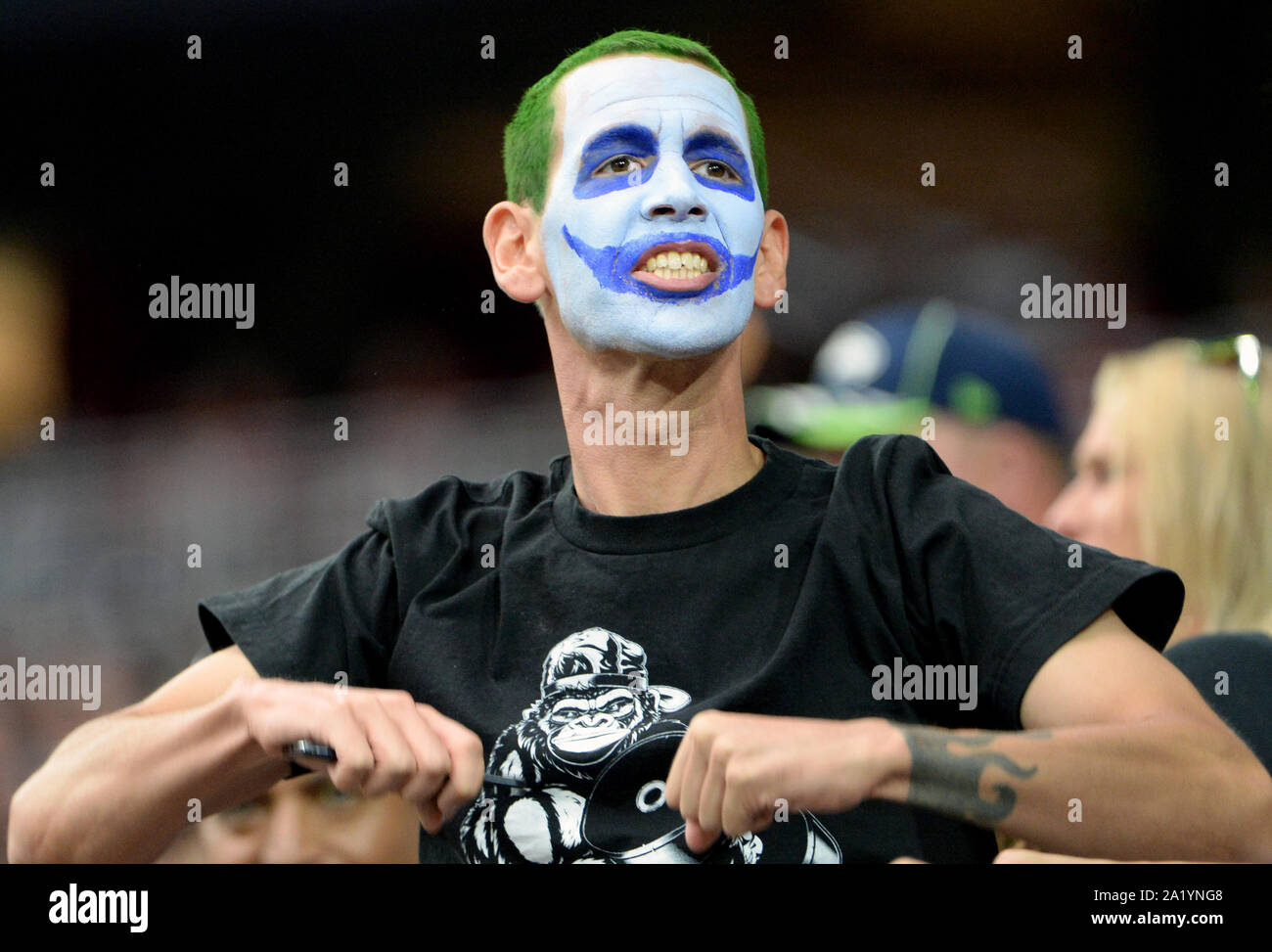Glendale, United States. 29th Sep, 2019. A Seattle Seahawks' fan cheers his team on as the Seahawks play the Arizona Cardinals at State Farm Stadium in Glendale, Arizona on Sunday, September 29, 2019. Photo by Art Foxall/UPI Credit: UPI/Alamy Live News Stock Photo