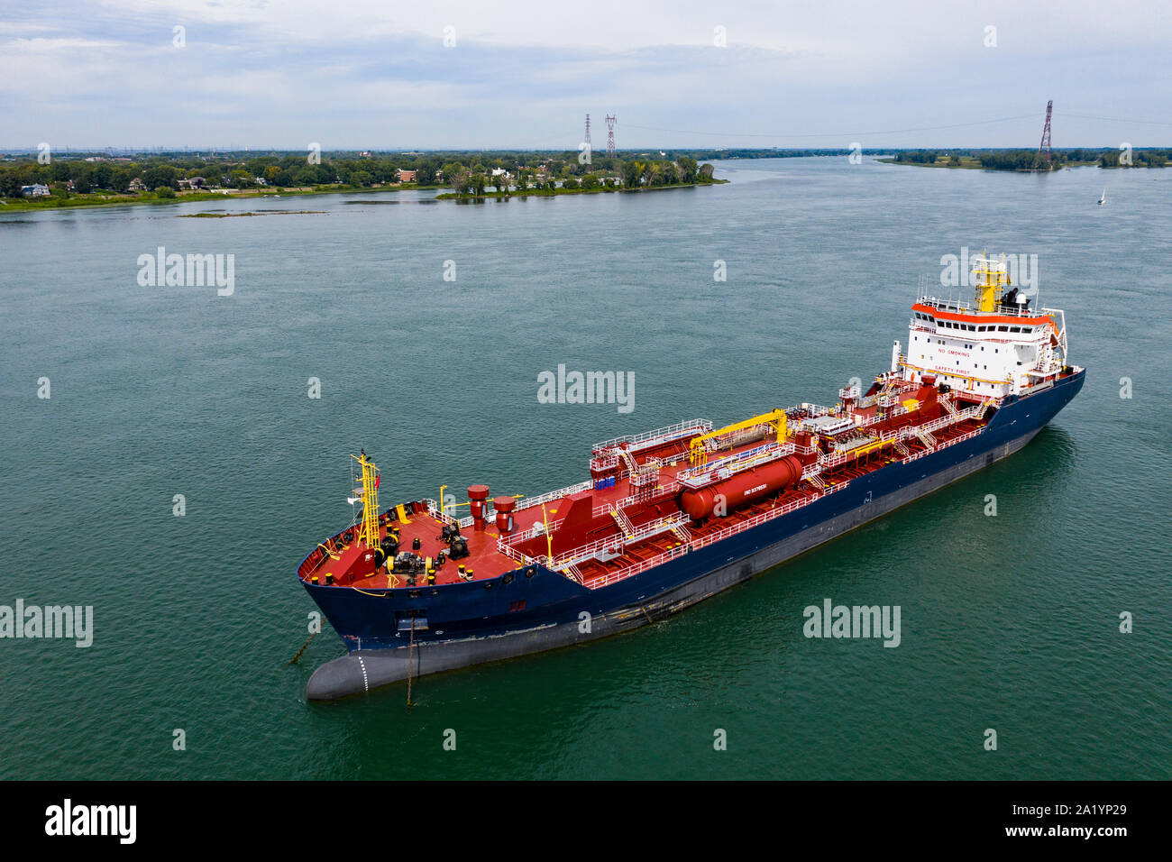 Chemical and oil products tanker anchored at the Port of Montreal in the St. Lawrence River. Stock Photo