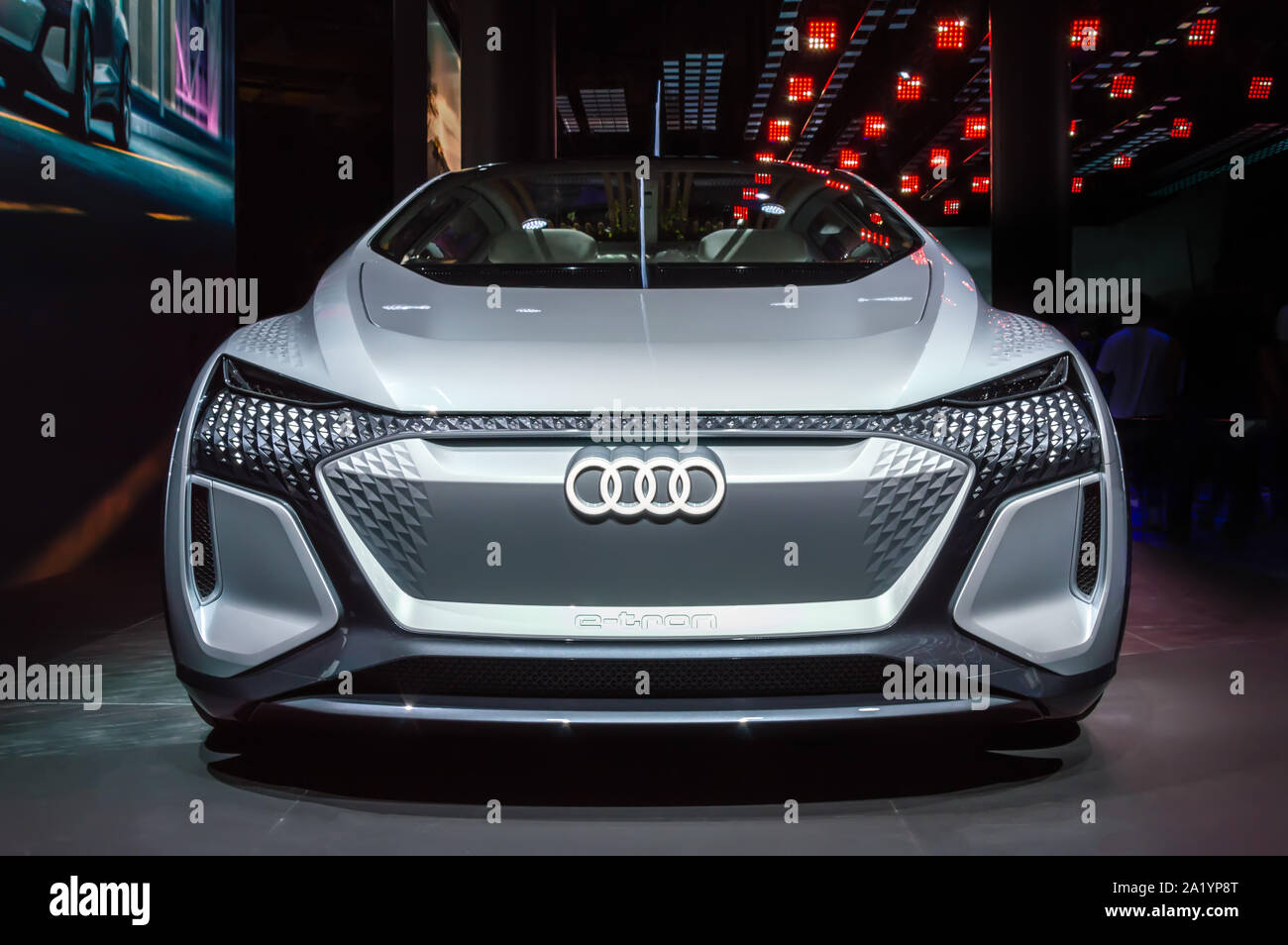 FRANKFURT - SEP 15, 2019: silver Audi Ai:Me or AIME e-tron electric automated driving compact car. Future mobility concept at IAA 2019 Frankfurt Motor Stock Photo