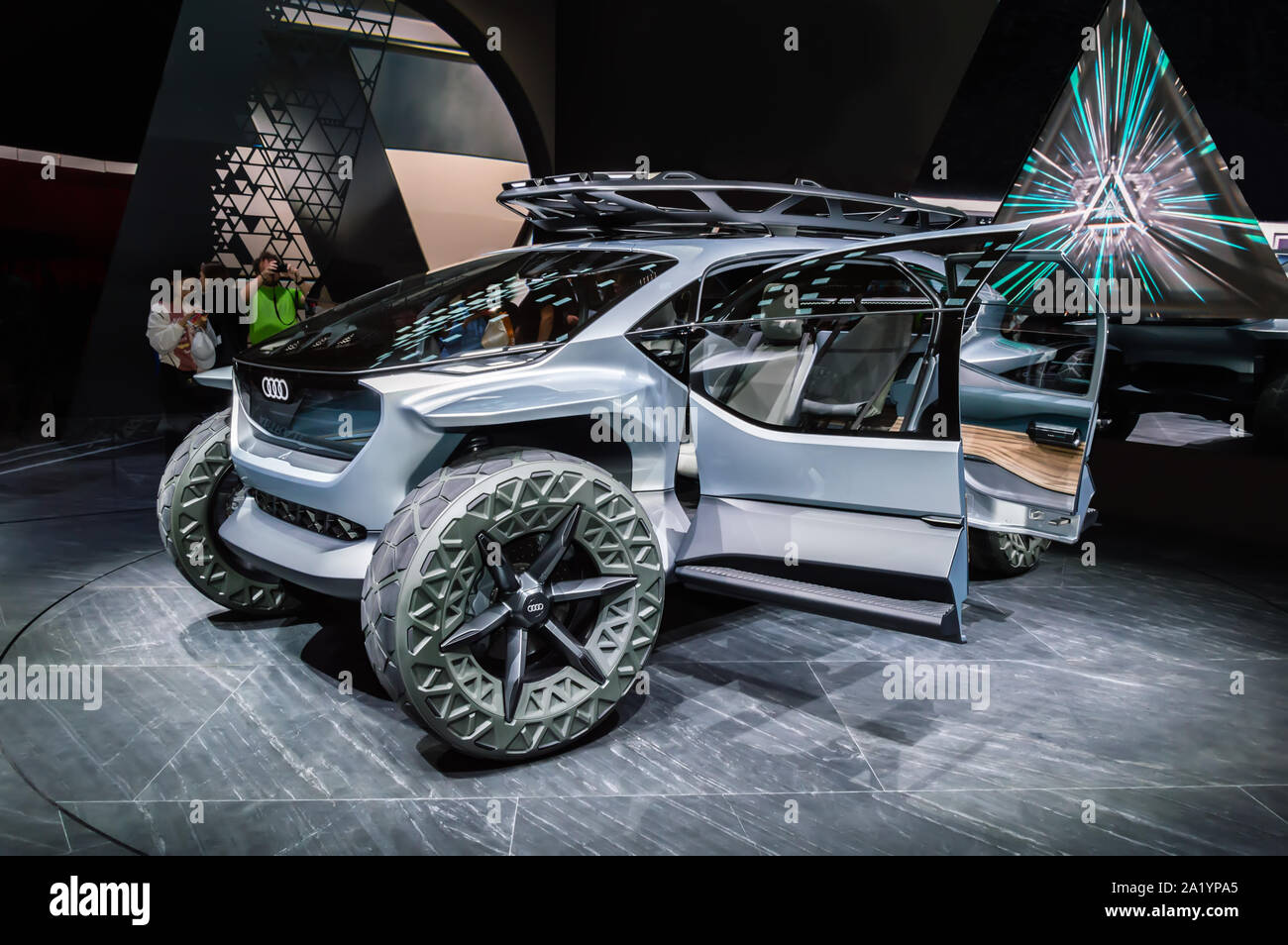 FRANKFURT - SEP 15, 2019: New Audi Aicon or AI:TRAIL autonomous concept car at IAA 2019 Frankfurt Motor Show. Electric futuristic off-road vehicle Stock Photo