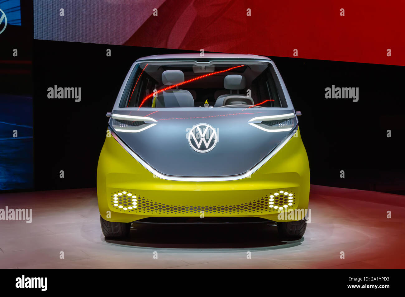FRANKFURT - SEP 15, 2019: Yellow silver VW ID Buzz or ID.Buzz. Electric Volkswagen Bulli minivan is zero-emission concept car Stock Photo