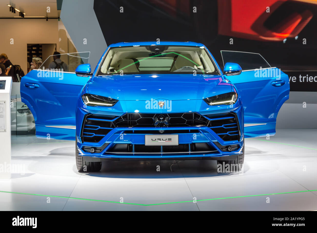 FRANKFURT - SEP 15, 2019: blue Lamborghini Urus SUV is the first Super Sport Utility Vehicle with the soul of luxury sports car presented at IAA 2019 Stock Photo