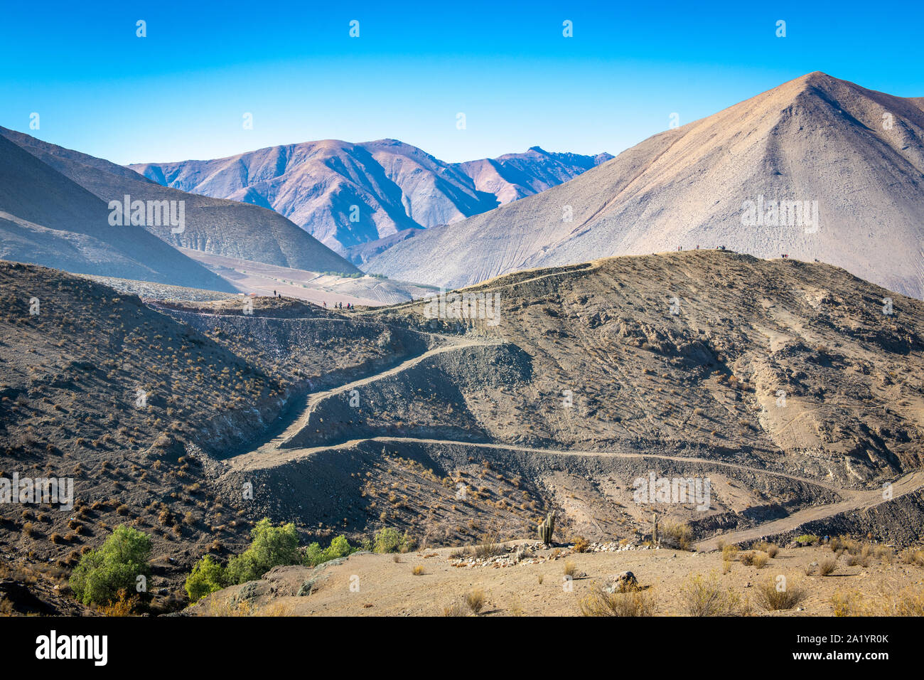 Dirt roadways carved into the hills of Vicuna, Chile. Stock Photo